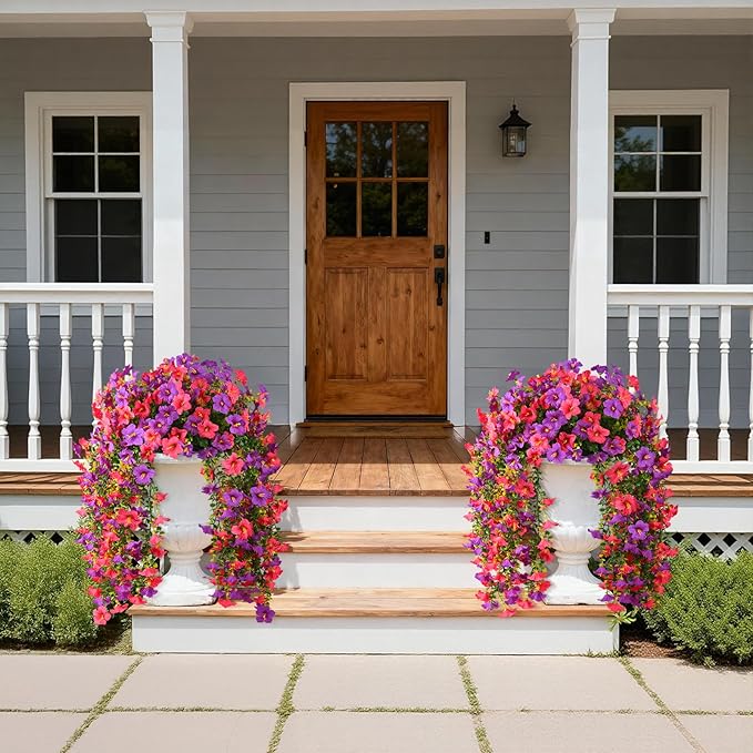 Artificial Fake Hanging Flowers Plants for Outdoor Spring Decoration,2 PCS Faux Silk Morning Glory with Eucalyptus Leaves,UV Resistant Realistic Trailing Vines for Balcony Porch Patio Yard Garden