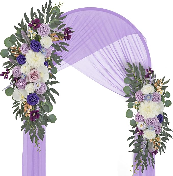 Ting's time Wedding Arch Flowers Pack of 2 Artificial Silk Large Flower Swag Purple Welcome Sign Floral Swag Reception Backdrop Floral Decor for Wedding Party Ceremony (Lilac & White)