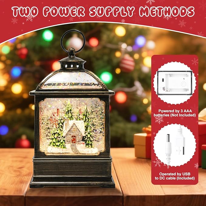 Christmas Snow Globe Lantern with 8 Music Songs & 6H Timer Water Snow Globe Lantern USB & Battery Operated for Christmas Festival Decorations Gifts (House)