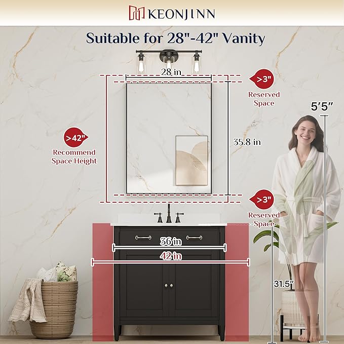 Keonjinn 28 x 36 Inch Black Bathroom Mirror, Rectangle Wall Vanity Mirrors, Metal Framed Farmhouse Mirror Brushed Square Corner, Modern Bathroom Mirrors for Over Sink(Horizontal/Vertical)