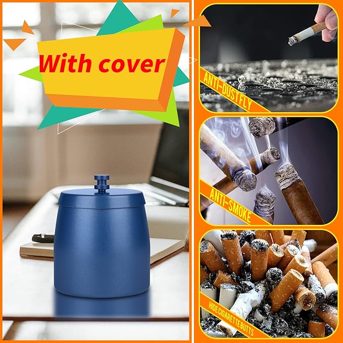 HARTAR Smokeless Ashtrays for Cigarettes Indoor, Ash Tray Sets Outdoor Windproof Cute Home Large Funny Metal Outside Ashtray with Lid for Cigarettes Butt Can for Outside Patio, Blue, Large