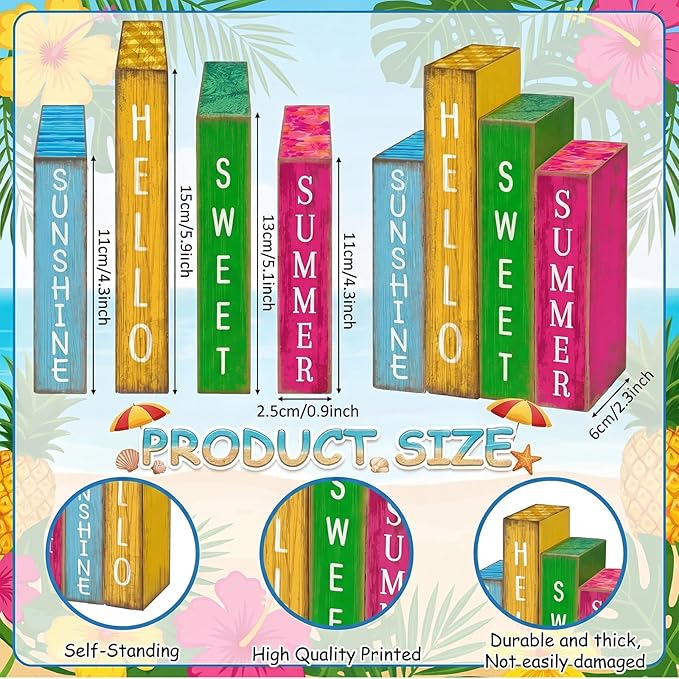 Lineshading 4 Pcs Summer Table Decoration Wooden Book Hawaii Beach Decoration Blue Yellow and Red Summer Tiered Tray Decor Wood Book Sign Farmhouse for Hawaii Party Home Shelf Coffee Table