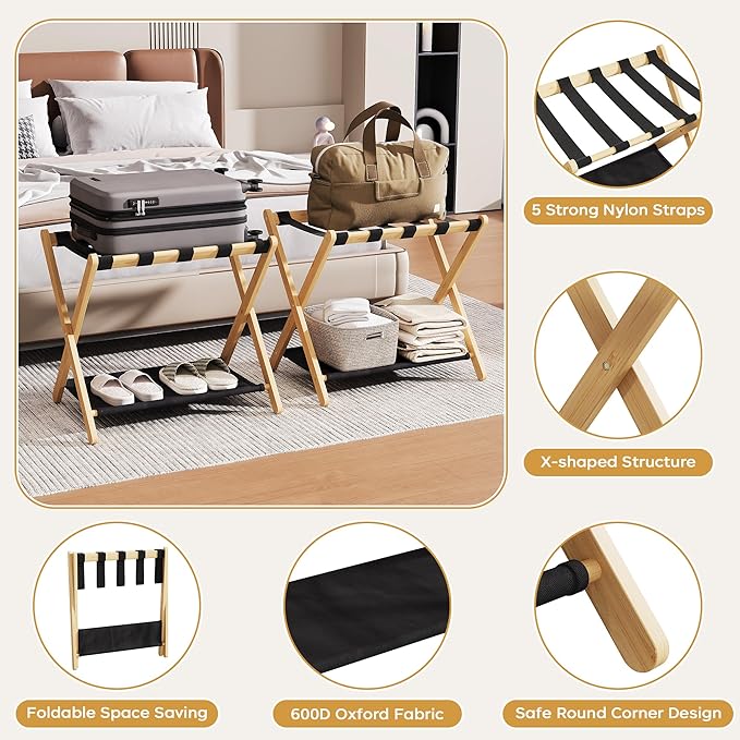26.77" Full Assembled Luggage Rack for Guest Room, Set of 1 Bamboo Foldable Suitcase Stand, Bedroom & Hotel, Folding Luggage Holder with 5 Nylon Straps, 600D Oxford Fabric Shelf Natural Wood