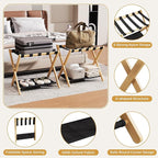 26.77" Full Assembled Luggage Rack for Guest Room, Set of 2 Bamboo Foldable Suitcase Stand, Bedroom & Hotel, Folding Luggage Holder with 5 Nylon Straps, 600D Oxford Fabric Shelf Natural Wood