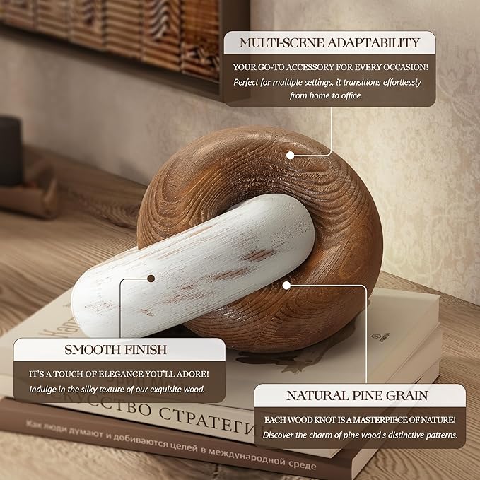 EOSAHR Boho Decor Pine Wood Knot Wooden Chain Link Decor for Your Coffee Table, Room Decor, or Book Shelf Chic Modern Desk Decor to Stylish up Your Home Office (Brown & White)
