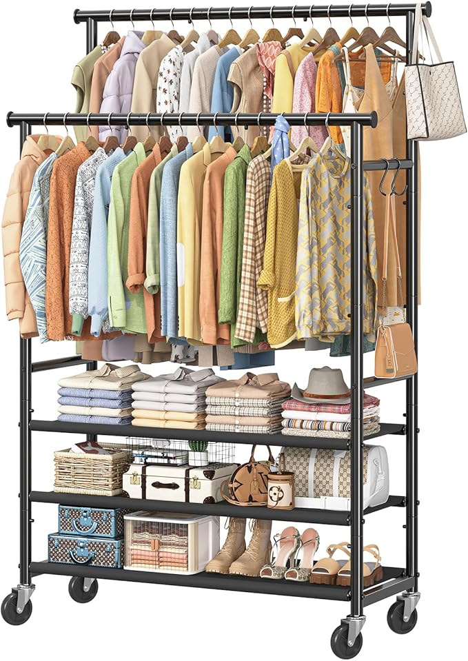 Double Rods Clothes Rack for Hanging Clothes, Rolling Clothing Rack with Wheels, 3-Tier Hanging Rack with Mesh Shelves, Holds 300 LBS for Bedroom, Laundry, Living Room, Black