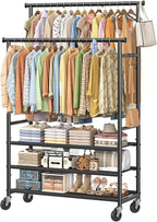 Double Rods Clothes Rack for Hanging Clothes, Rolling Clothing Rack with Wheels, 3-Tier Hanging Rack with Mesh Shelves, Holds 300 LBS for Bedroom, Laundry, Living Room, Black