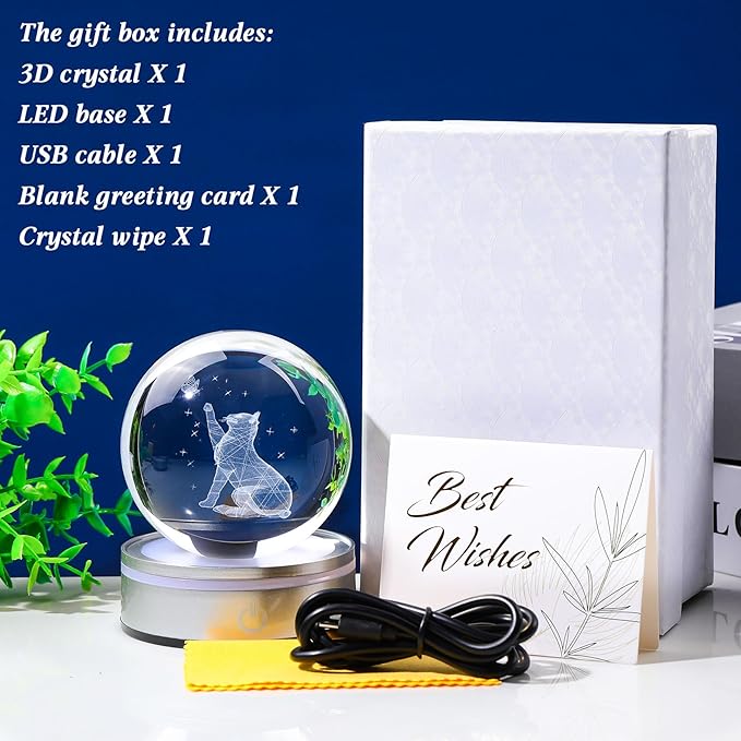 Movdyka Cat Lovers Gifts: 3D Crystal Ball Cat Figurines, Home Office Decor Night Light Snow Globes - 3.15"/8CM
