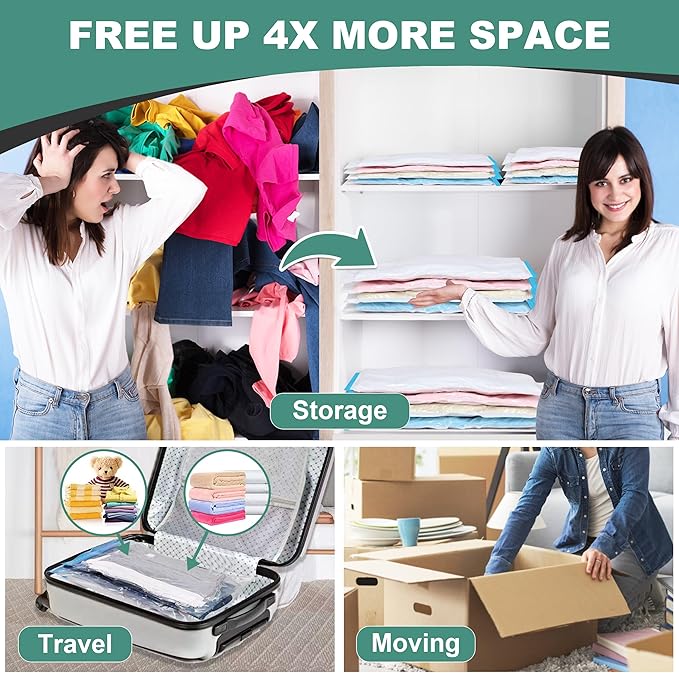 20 Pack Vacuum Storage Bags, Space Saver Bags, Vacuum Sealed Bags for Comforters, Blankets, Clothes Storage, Hand Pump Included (4 Jumbo/4 Large/4 Medium/8 Small)