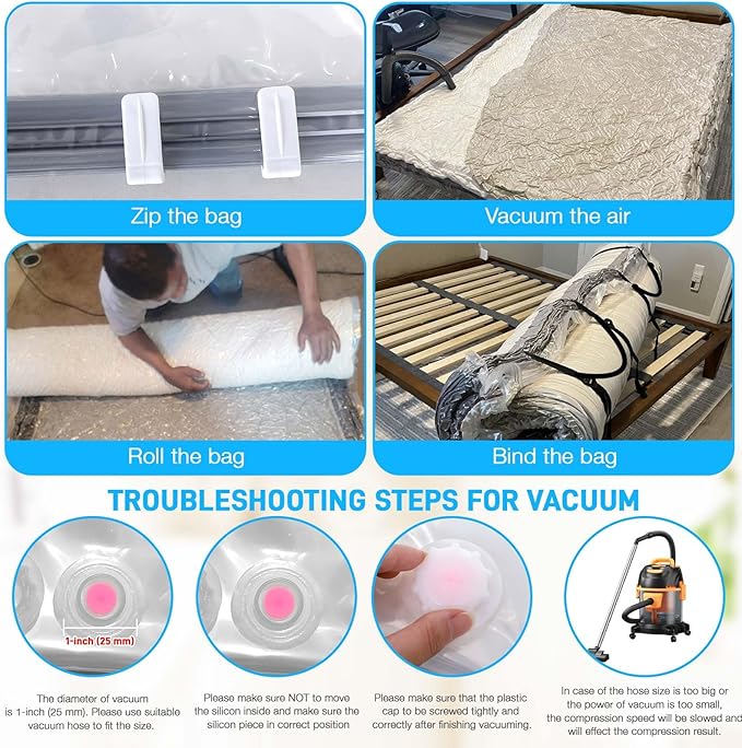 Mattress Vacuum Bag Queen/Full/Full-XL Space Saver Mattress Vacuum Seal Bag with Straps for Moving Double Zip Seal Reusable Mattress Compression Vacuum Storage Bags