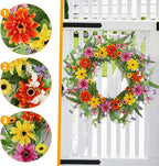 22 Inch Artificial Spring Summer Wreaths for Front Door Daisy Flower Wreath with Wildflowers,Eucalyptus Leaves,Ferns for Indoor Outdoor Wall Porch Festival Farmhouse Home Holiday Decor.
