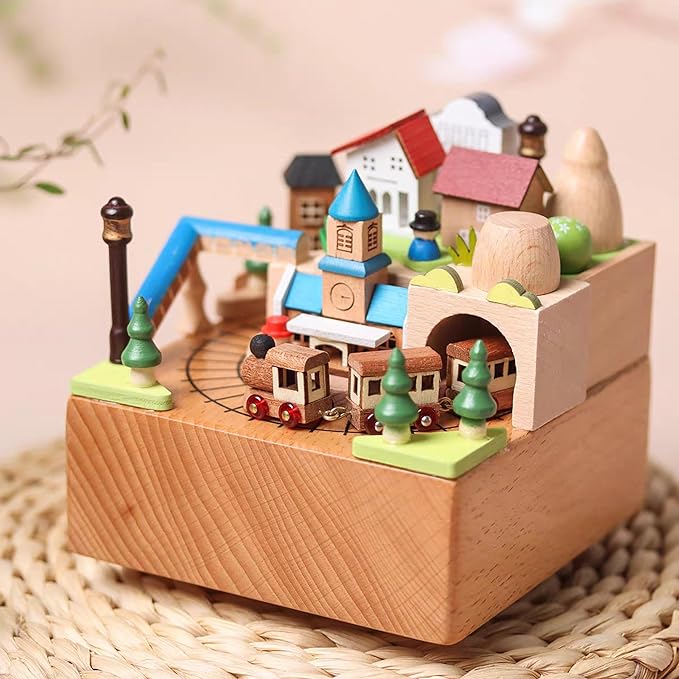 Natural Solid Wood Handcrafted Beech Wooden, Musical FigureTotoro/Carousel/Fairy/Ballerina Figurine,Rotating Hand Crank Mechanism Music Box,Musical Decorations (Bell Tower and Train)