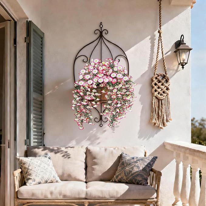 Artificial Hanging Flowers for Outdoors, 2 PCS UV Resistant Faux Silk 150 Morning Glory Each Trailing Vines, Fake Plants for Spring Outdoor Garden Planter Porch Patio Decoration, Pink