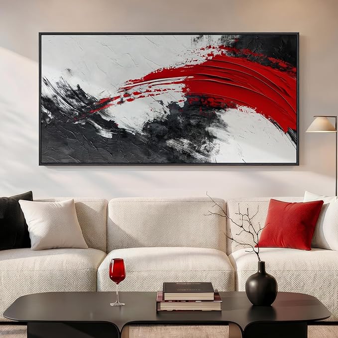 Extra Large Framed Red Black and White Abstract Wall Art for Living Room, Oversized Modern Horizontal Canvas Prints Artwork for Walls, Minimalist Pictures for Bedroom Office Hallway Wall Decor 30x60 In