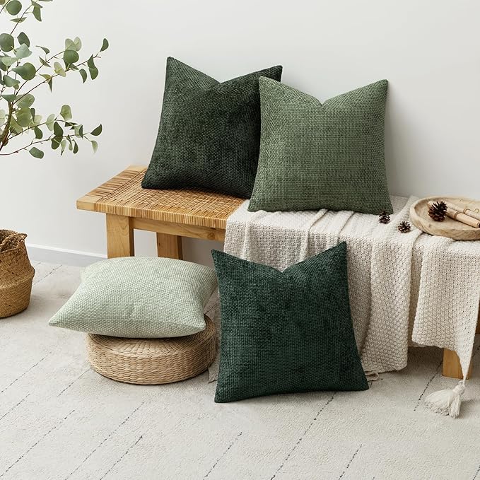 MIULEE Pack of 4 Couch Throw Pillow Covers 16x16 Inch Green Soft Decorative Chenille Pillow Covers Farmhouse Accent Cushion Covers for Boho Spring Home Decor Sofa Bedroom Living Room