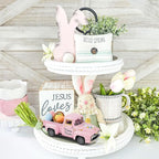 Spring Truck Decor, Pink Egg Bunny Truck Decorations for Home Indoor, Mini Basket Eggs Truck Tiered Tray Decor, Spring Rustic Farmhouse Kitchen Tabletop Decorations for Office