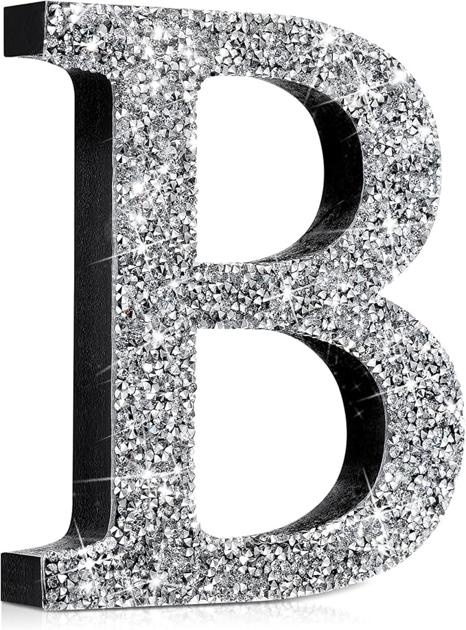 Qunclay 12'' Silver Crystal Diamond Bling Letters Crushed Diamond Decoration Wooden Glitter Letter with Screw and Hooks Rhinestone Gift for Wedding Y2k Mcbling Bedroom Wall Decor (Letter B)