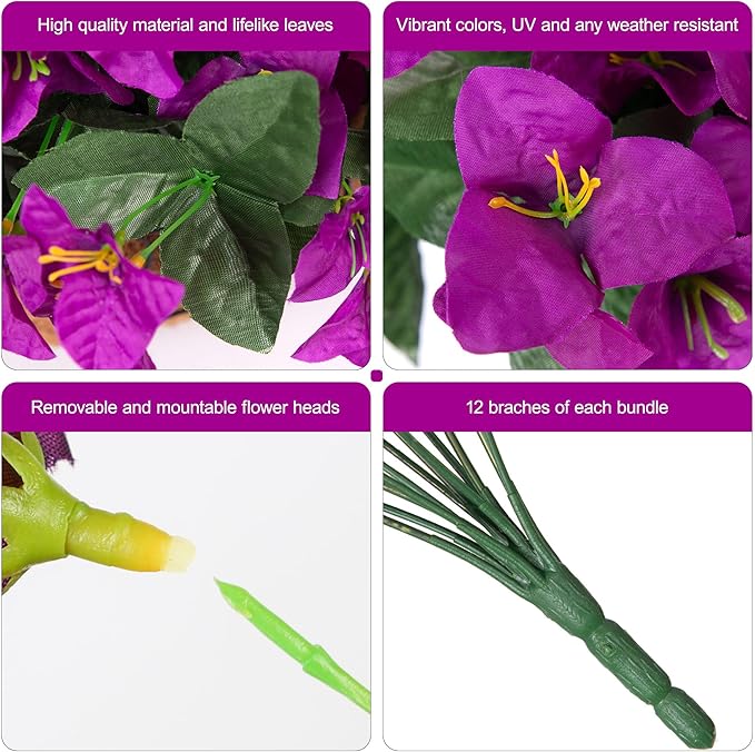 Faux Bougainvillea Artificial Flowers Plants for Outdoors Spring Decor, 4 Bundles Realistic Bougainvillea UV Resistant Faux Flowers for Outdoor Planters Porch Patio Window Garden Home, Fuchsia
