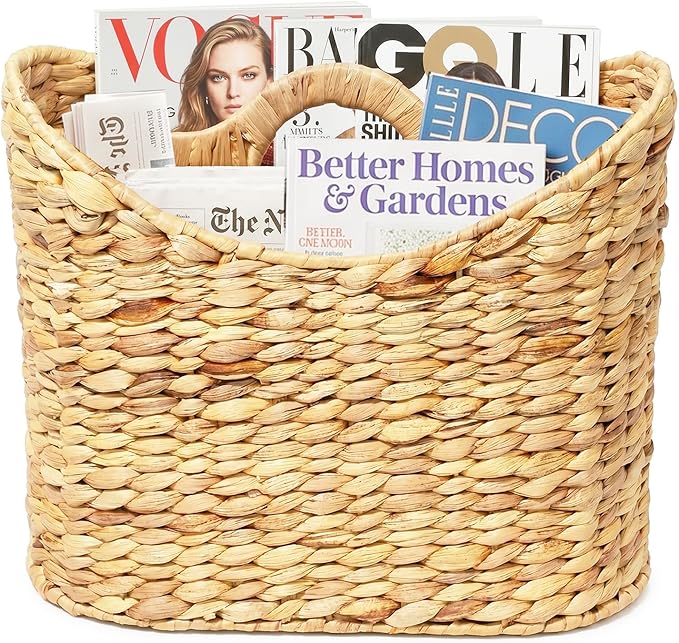 Magazines Holder - Wicker Magazine Rack, Handwoven Magazine Holders for Bathroom, Magazine Organizer for Books, Newspaper, Water Hyacinth Magazine Basket with Handle, 14x11.5x6.7inch