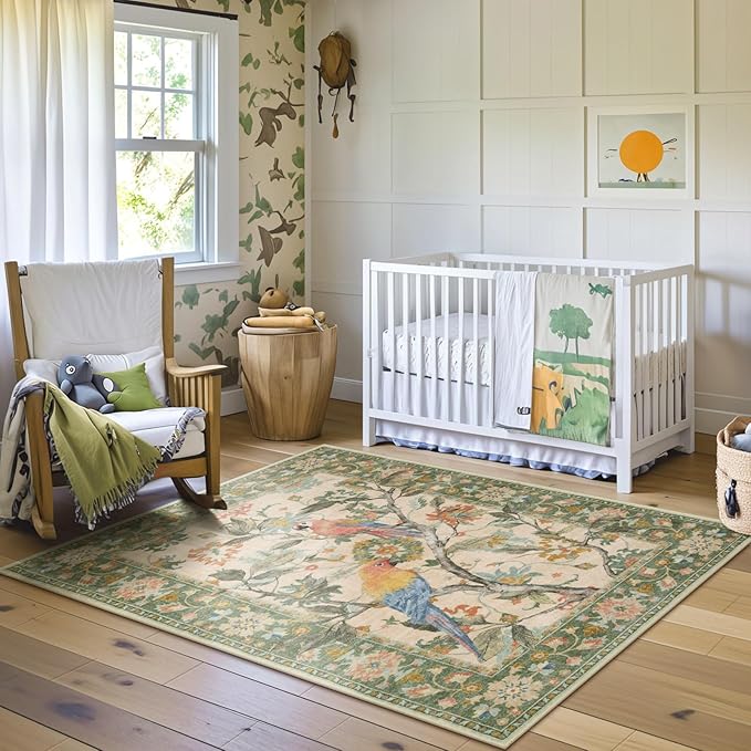 Lahome Botanical Birds 5x7 Washable Living Room Rug, Boho Green Bedroom Dining Room Rugs for Under Table, Large Vintage Indoor Floor Carpet for Home Office Entryway (5x7ft,Green)