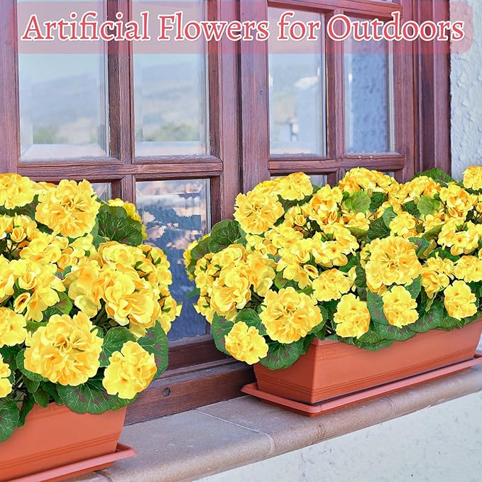 Artificial Geraniums Flowers for Outdoors Spring Decor, 4 Bundles UV Resistant Fake Geraniums Flowers Silk Faux Plants for Home Planter Gardens Table Patio Porch Indoor Cemetery Summer Decor(Yellow)