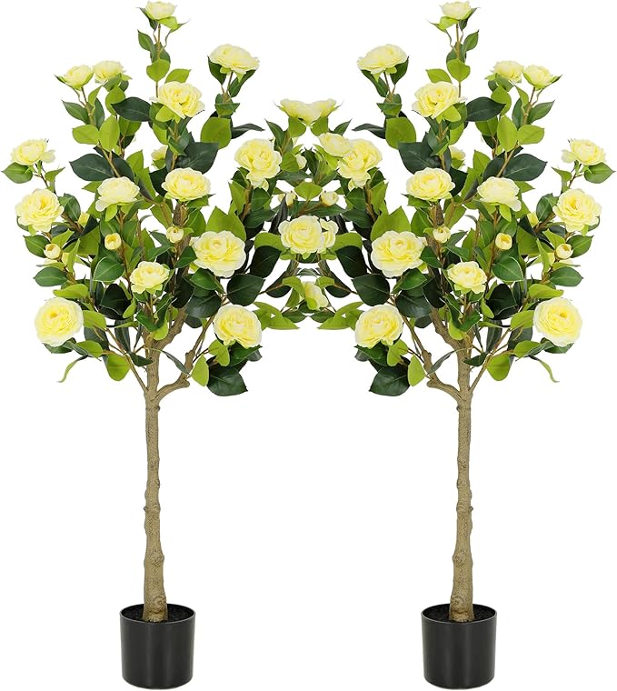 Bellacat 4ft Artificial Camellia Tree with Silk Yellow Flowers, 48in Faux Camellia Plant with Lifelike Trunk, Fake Flower Tree Potted Front Door Plants for Porch Patio Deck Living Room Decor, 2Pack