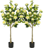 Bellacat 4ft Artificial Camellia Tree with Silk Yellow Flowers, 48in Faux Camellia Plant with Lifelike Trunk, Fake Flower Tree Potted Front Door Plants for Porch Patio Deck Living Room Decor, 2Pack
