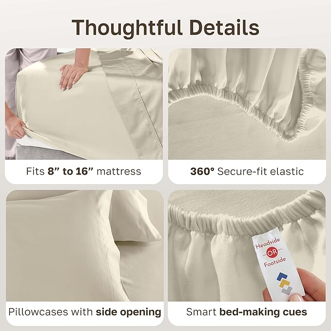 California Design Den Deep Pocket King Sheets Set - Luxury 600 Thread Count 100% Cotton Sateen, King Size Sheet Set, All Around Elastic, Snug Fit, Hotel Quality Bedding - Ivory (Warm Cream)