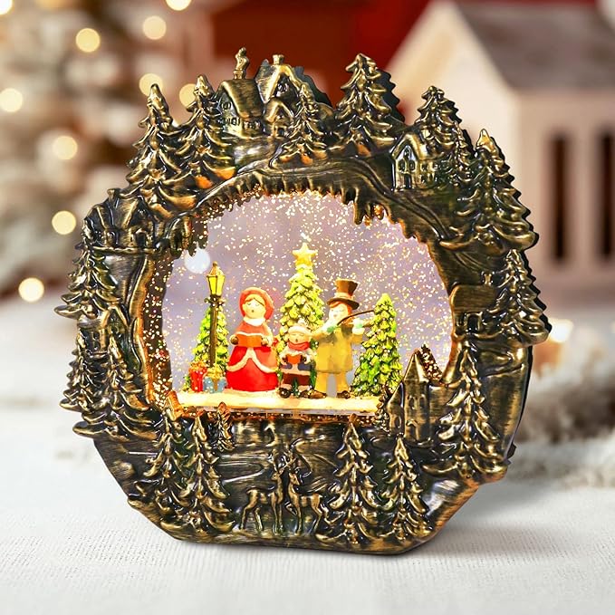 Christmas Snow Globe Lantern Water Glittering Globe with Caroling Family 8 Music Songs & 6H Timer Christmas Snow Globes USB & Battery Operated for Christmas Festival Decorations Gifts (Bridge-Family)