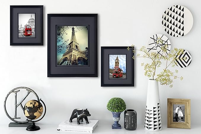Yaetm 11x14 Double Floating Mat Picture Frame Set of 4, Display Picture 8x10 with Black Double Mat, Polished High Definition Tempered Glass, Wall Mounting Photo Frames, Black/Black