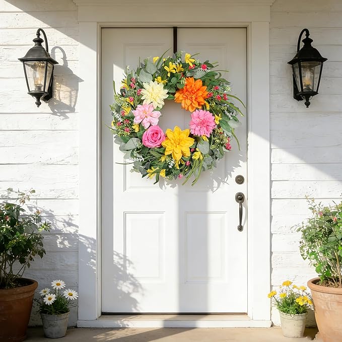 Summer Wreaths for Front Door 24 Inch, Artificial Spring Wreath with Dahlia and Peony for All Season Home Decor Easter Indoor Outdoor Wall Home Festival Celebrations