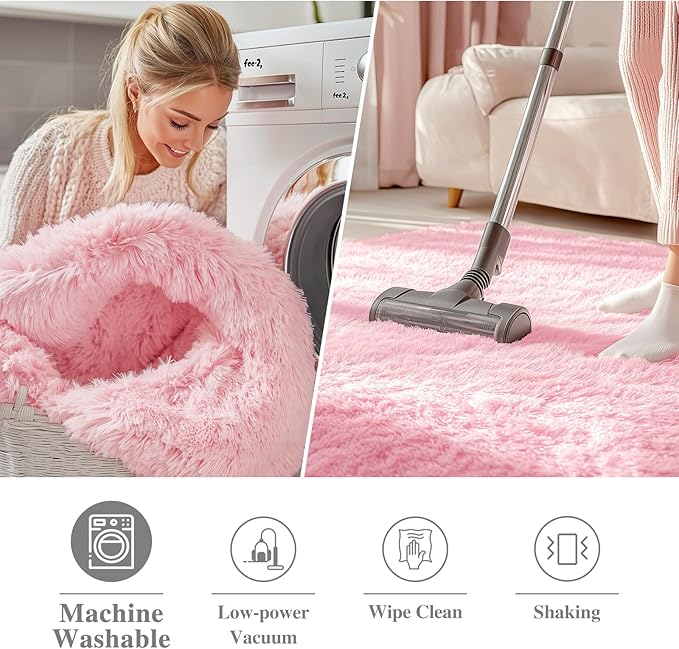 OLANLY Pink Round Rugs for Bedroom - Machine Washable, 9 ft Circle Area Rugs for Living Room, Soft and Fluffy Shaggy Carpet for Teen Girls and Boys, Nursery Rooms, Dorms, Home Decor Aesthetic