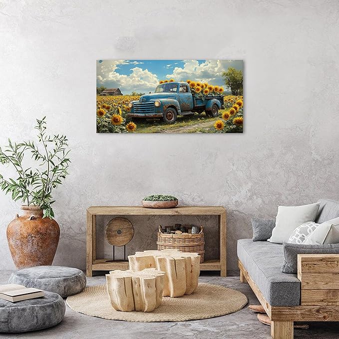 Sunflower Pictures Wall Decor Farmhouse Barn Truck Wall Art Sunflower Field Canvas Prints for Bedroom Bathroom Vintage Yellow Flowers Landscape Painting Artwork for Living Room Home Decorations 20x40"
