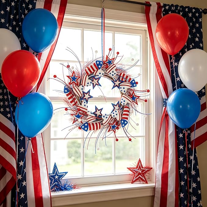 AMF0RESJ 4th of July Wreath Patriotic Wreaths for Front Door with red,White,Blue Glitter Star for Front Door Farmhouse Home Wall Independence Day Decoration