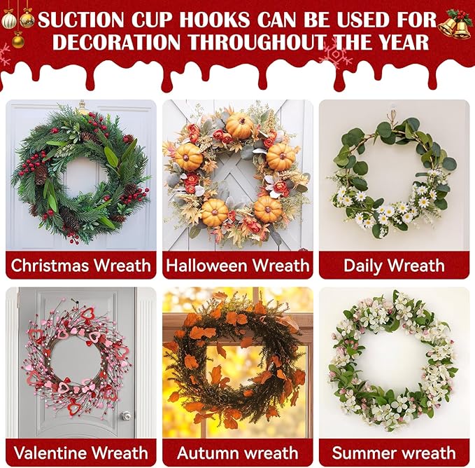 2 Pack Suction Cup Wreath Hangers for Front Door Garland Hanger 11 Lb -22 Lb Suction Wreath Hanger for Glass Door No Drill Suction Hooks for Bathroom Halloween Christmas Decorations (Siver)