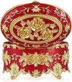 Hipiwe Oval Jewelry Box Classic Metal Trinket Organizer Ring Storage Box with Rose Pattern Jewelry Storage Box for Ring Earrings Necklace, Gift for Women, Red