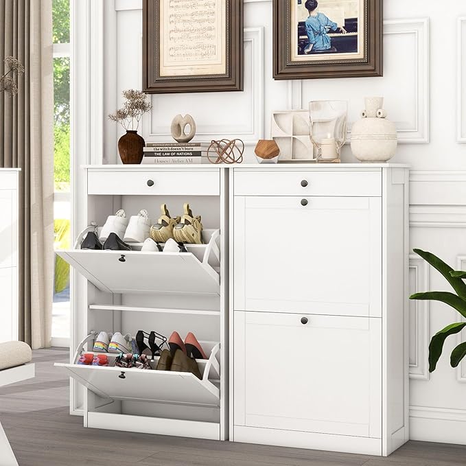Shoe Cabinet with 2 Flip Drawers Set of 2, Small Wood Modern Shoe Organizer with Adjustable Shelf, Narrow Freestanding Hidden Shoe Cabinet Storage for Entryway, Hallway, Living Room, White