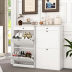 Shoe Cabinet with 2 Flip Drawers Set of 2, Small Wood Modern Shoe Organizer with Adjustable Shelf, Narrow Freestanding Hidden Shoe Cabinet Storage for Entryway, Hallway, Living Room, White