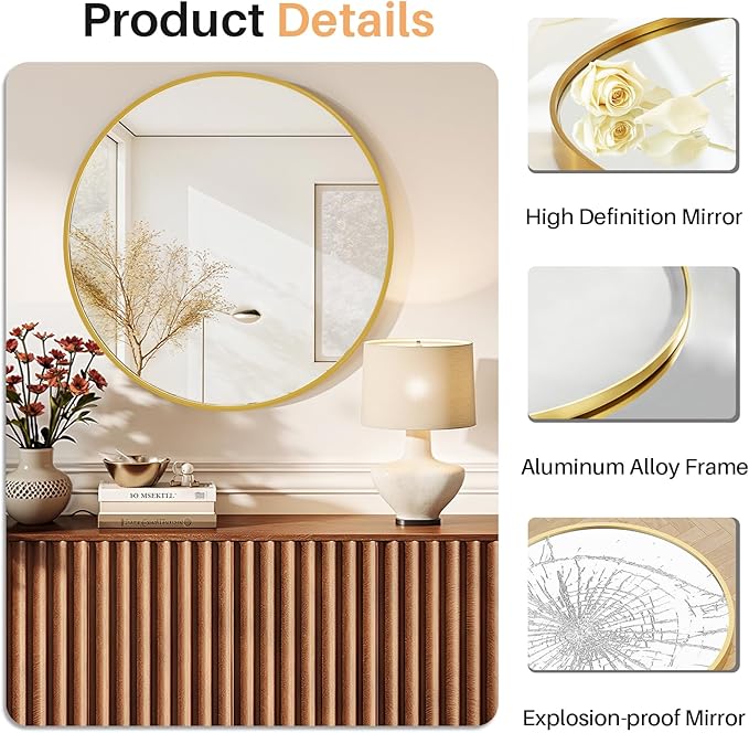 Bathroom Mirror for Wall, 24 Inch Round Mirror, Matte Gold Metal Framed Circle Vanity Mirror for Bathroom Bedroom Living Room Entryway, Anti-Rust, Tempered Glass, Hanging or Leaning