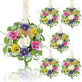 6 PCS Summer Floral Wreaths for Kitchen Cabinet Artificial Pansy Flowers Wreaths with Fern Branches Flocked Lamb Ear Leaves Mini Wreath Spring Floral Small Wreath for Table Centerpiece Farmhouse Decor