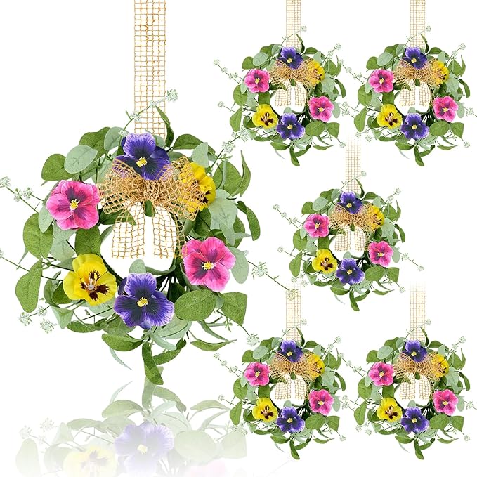 6 PCS Summer Floral Wreaths for Kitchen Cabinet Artificial Pansy Flowers Wreaths with Fern Branches Flocked Lamb Ear Leaves Mini Wreath Spring Floral Small Wreath for Table Centerpiece Farmhouse Decor