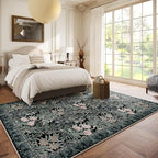 Washable Area Rugs 6x9 Black Green Vintage Floral Botanical Pattern,Perfect for Living Room, Bedroom, Kids Room, Nursery - Stain & Water Resistant Non-Slip, Pet & Child Friendly/Bedroom Decor