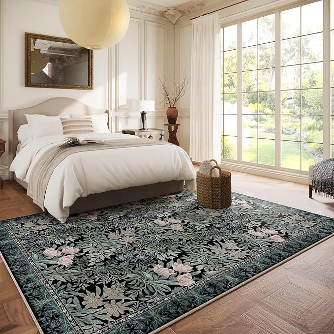 Washable Area Rugs 6x9 Black Green Vintage Floral Botanical Pattern,Perfect for Living Room, Bedroom, Kids Room, Nursery - Stain & Water Resistant Non-Slip, Pet & Child Friendly/Bedroom Decor