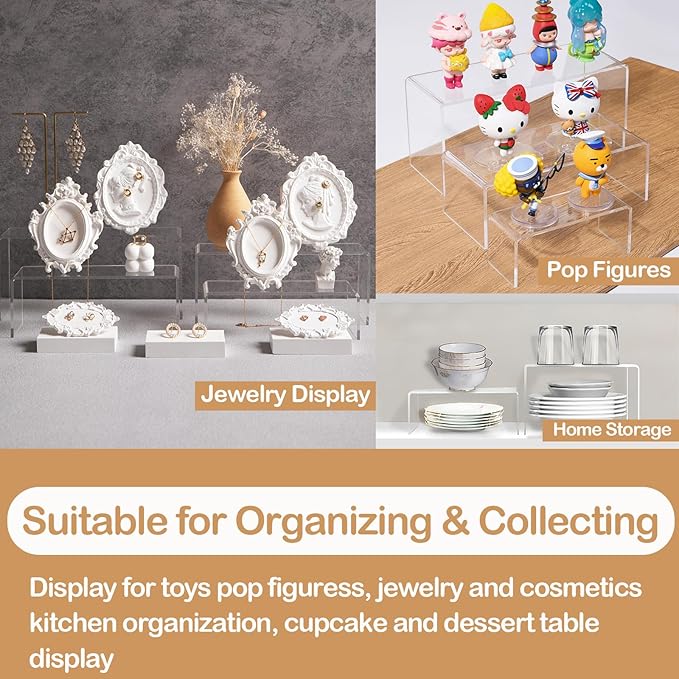 MerryNine Acrylic Risers Display Stands, 8 Pcs 2 Set Clear Acrylic Shelves, Plastic Display Risers for Retail, Vinyl Figures, Cupcake, Jewelry, Dessert Display, No Assembly, Scratch-Resistant (Rectangular-4mm-8pcs)
