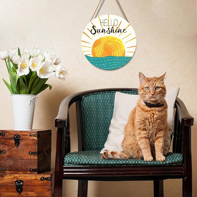 Summer Wreaths for Front Door Hello Sunshine Welcome Sign Summer Sunshine Decoration Wooden Door Hanger Sunset over Sea Farmhouse Hanging Plaque Sign for Home Porch Indoor Outdoor Outside 12”x12”