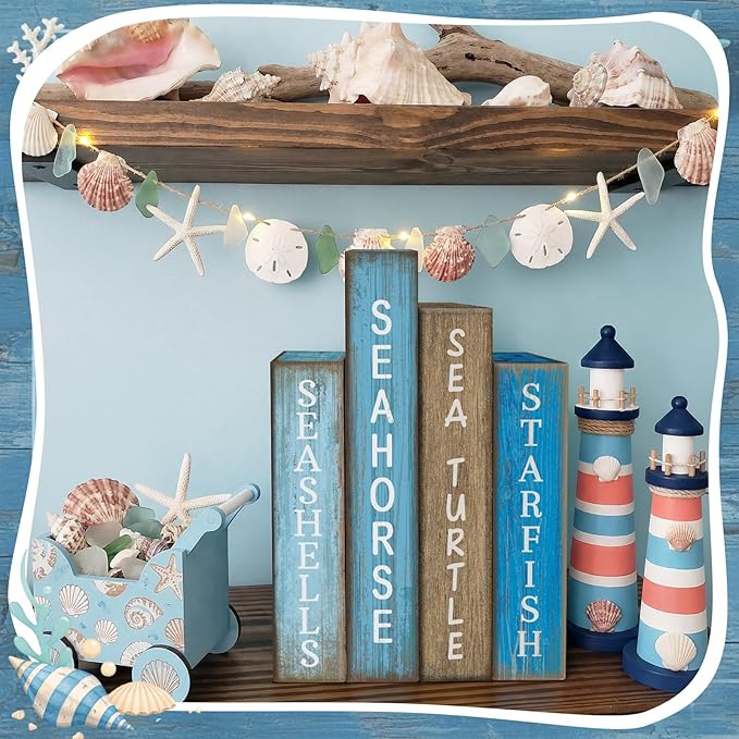Lineshading 4 Pcs Summer Table Decoration Wooden Book Coastal Beach Decoration Blue and White Summer Tiered Tray Decor Wood Book Sign Farmhouse for Ocean Party Home Shelf Coffee Table