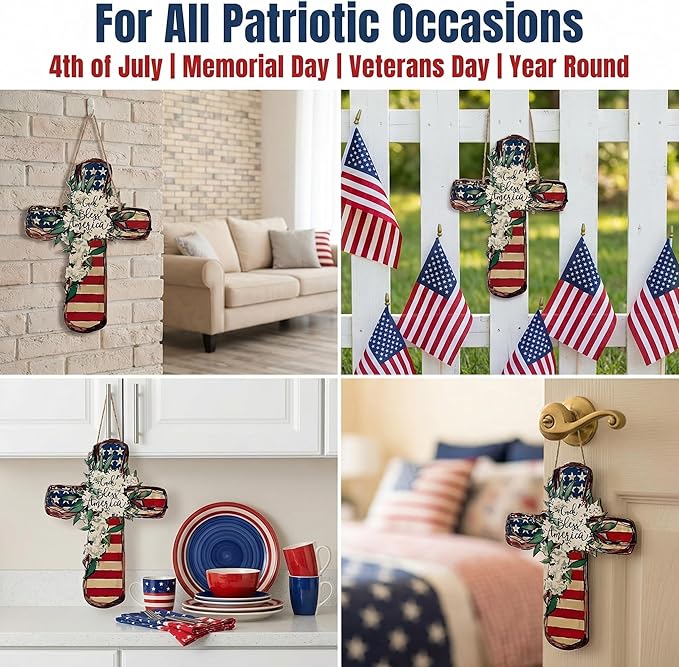 YOYAI Wooden Wall Cross Decor Patriotic Door Hanger Memorial Day Decorations 4th of July Wooden Welcome Wreath for Front Door, Independence Day Decorations - Wooden Cross Outdoor Door Hanger for Porch, Wall, Window