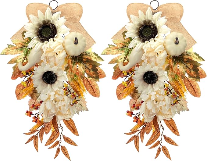 Thiccywoov 2-Pack Fall Teardrop Swags 20‘' Harvest Teardrop Decoration with Mixed Pumpkins, Sunflowers, Berries & Rustic Burlap Bows, Autumn Wreath for Front Door Home Decor(Fall)