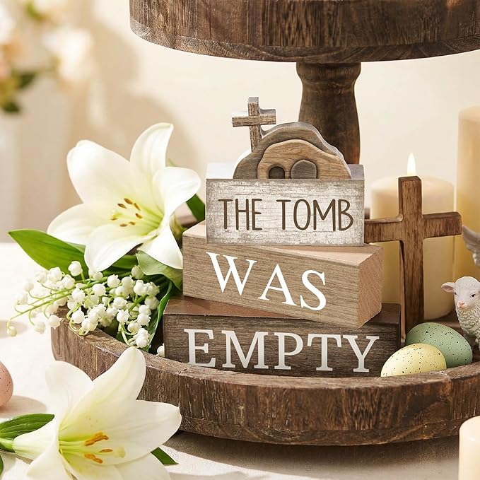 Lineshading 4 Pcs Easter Table Decorations Empty Tomb Wooden Block Sign Resurrection Scene Christian Decor with Cross, Vintage Religious Centerpieces for Easter, Home, Church, Faith Gift for Believers