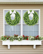 Vlorart 25" Faux Round Boxwood Wreath, Artificial Boxwood Wreath Front Door Wreaths Artificial Spring Summer Greenery Hanging with sash for Front Door Wall Hanging Window Wedding Decor
